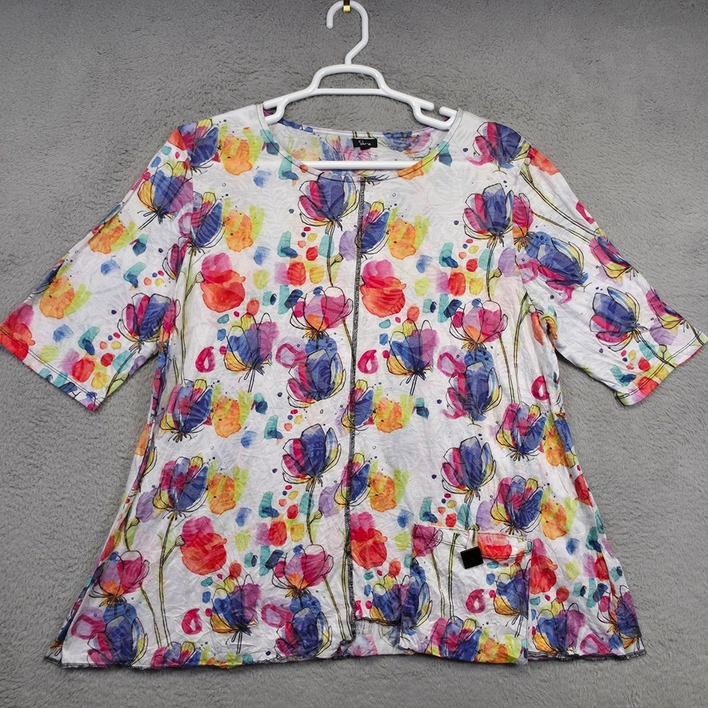 Shana Top Womens XL White‎ Wearable Arts Watercolor Floral Crinkle Flowy Tunic